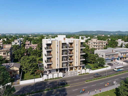 Panoramic landscape view of Guwahati residential enclave surrounded by forested hills and peaceful skyline