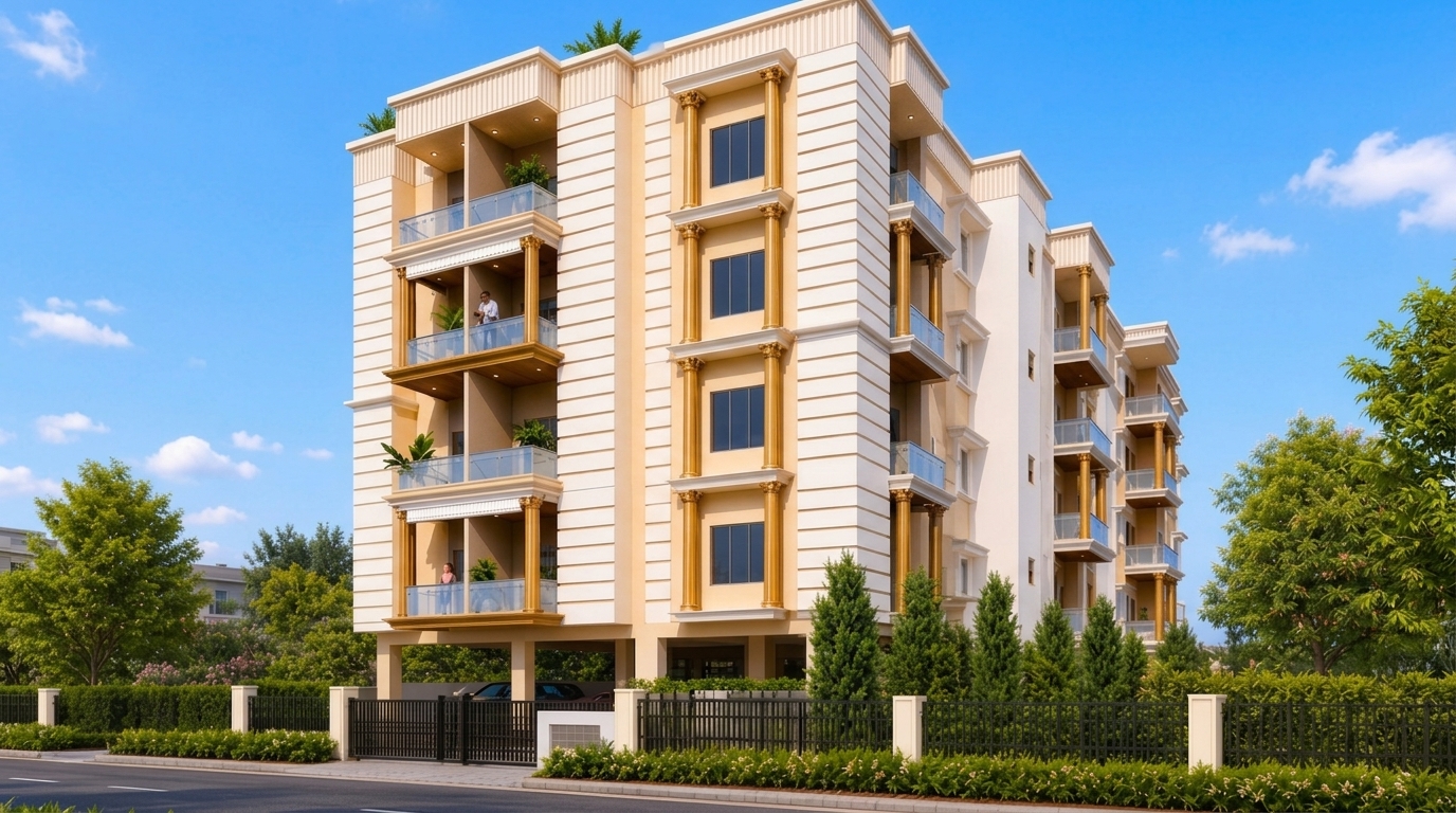 Architectural CGI perspective of Indra Beejan Palace G+4 boutique luxury residential enclave in Silpukhuri, Guwahati